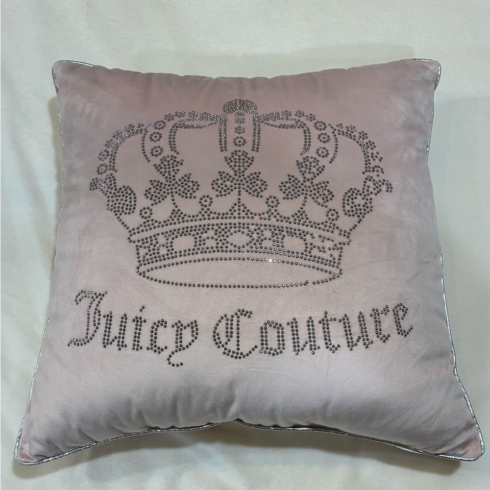 Juicy Couture Velour Pink Decorative Pillow 20x20in Velvet Rhinestones Crown